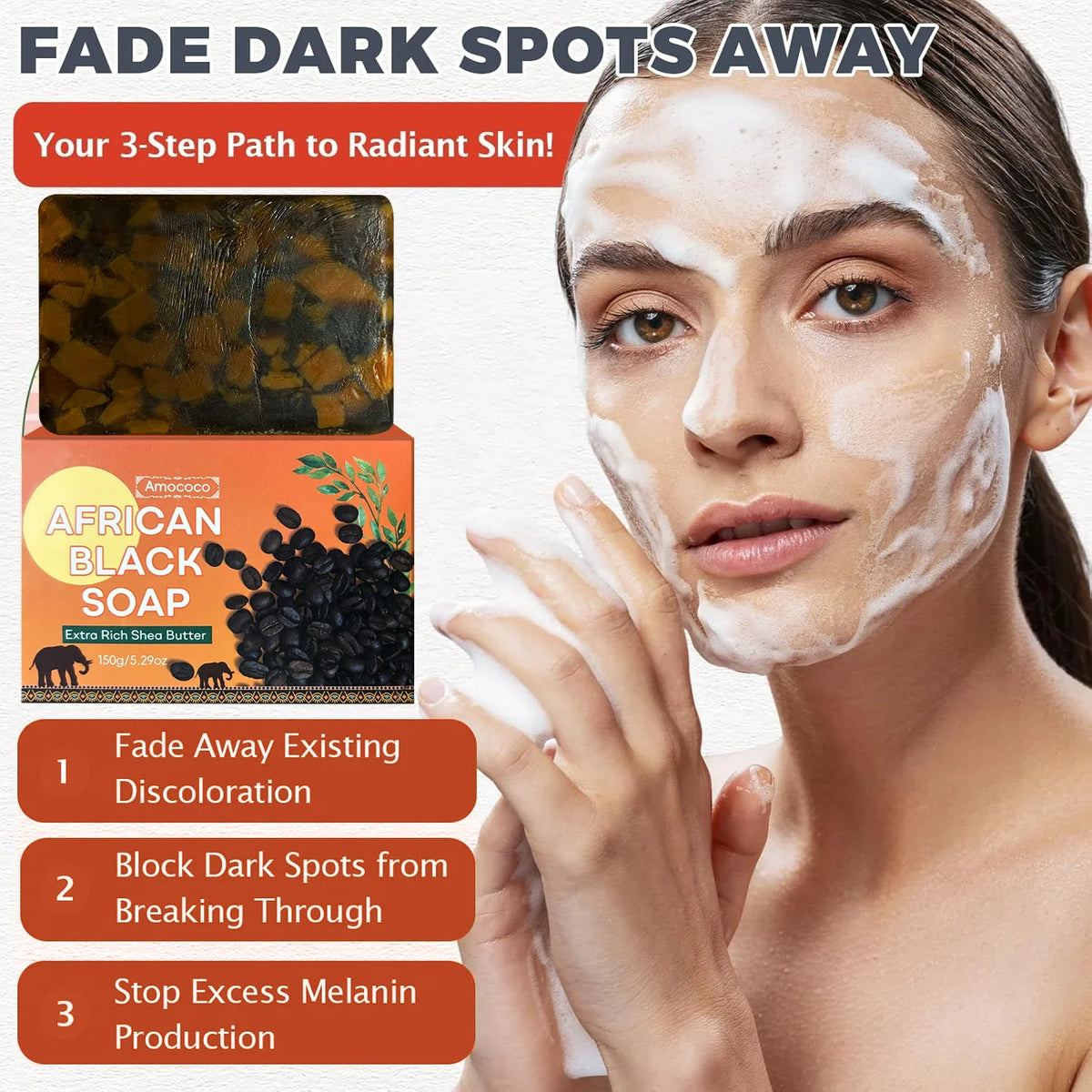 Amococo 3/6pcs African Black Soap Bar 150g Shea Butter Body Soap Moisturizing Cleansing Bath Soap with Coconut Oil Caffeine Neem Extract Natural Skin Care Soap for Men Women Dry Skin
