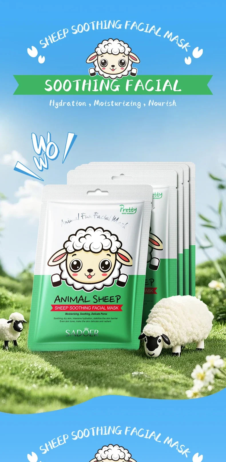 5pcs SADOER Animal Pattern Masks Face Mask Moisturizing Anti Wrinkles Anti-Aging Whitening Facial Masks Skin Care Novel Products