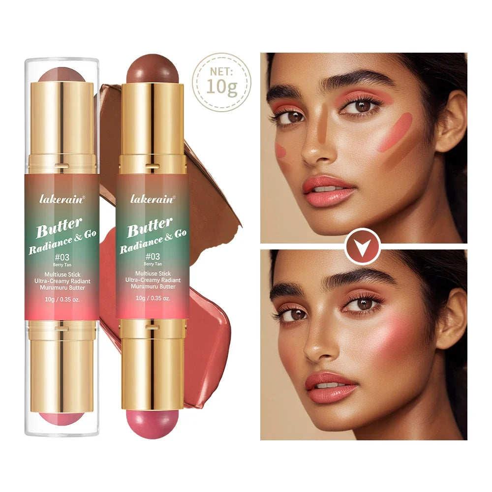 Butter Glow & Go Multiuse Stick Double-Headed Bronzer Blush Stick for Cheeks Contours Light Glossy Bronze&Pink Blusher Cosmetics