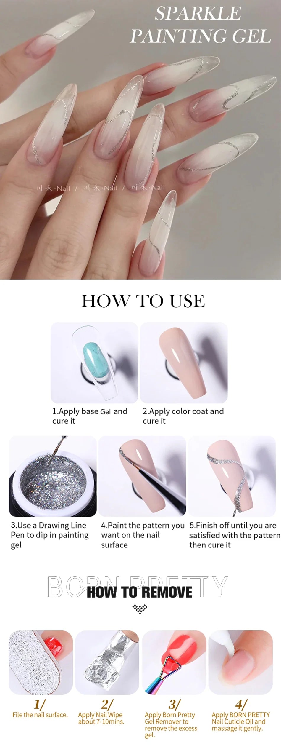 BORN PRETTY 5ml Super Sparkling Painting Gel Nail Polish Platinum Silver Gold Rose Glitter Graffiti Stripe Pull Line Nail UV Gel
