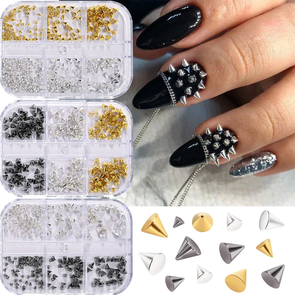 6Grid/Box Y2K 3D Mixed Metal Punk Pointed Cone Nail Rivet Gold/Silver/Gun Black Alloy Spike Nail Charms Flat Bottomed Nail Stud