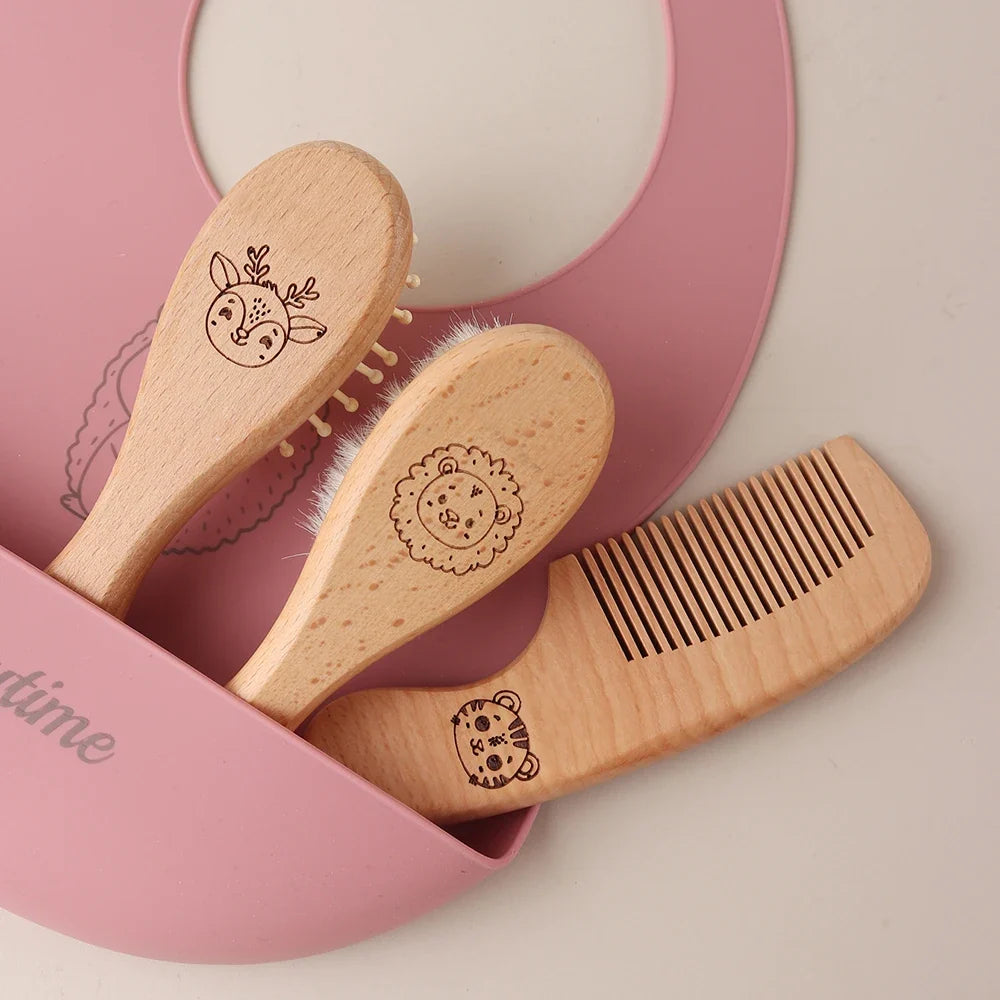 Engraved Panda Baby Hair Brush  Natural Wool Wooden Comb Air Cushion Brush Newborn Baby Shower Gift