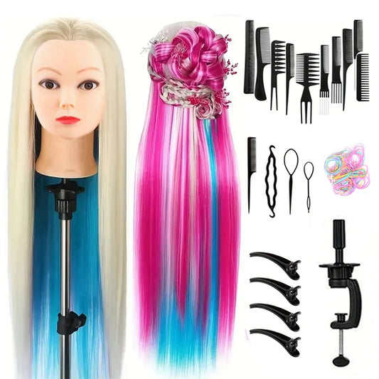 24Inch Mannequin Head with Fiber Hair Model Practice Hairdressing Doll Head Styling Hairdressing Training Braided