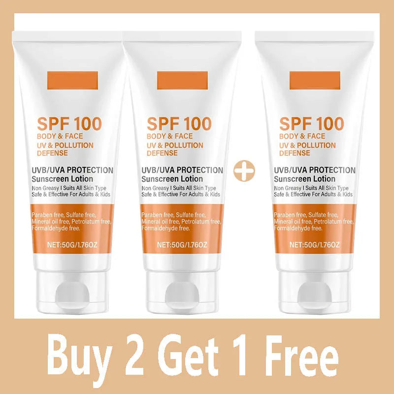 Face & Body Sunscreen Non-Greasy SPF 100+ Facial Sunblock UVA & UVB Protection Sunblocking Cream Anti Aging for Summer Beach