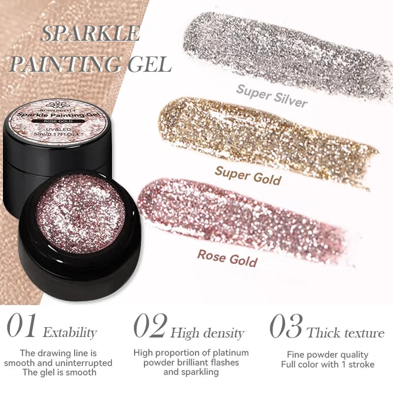 BORN PRETTY 5ml Super Sparkling Painting Gel Nail Polish Platinum Silver Gold Rose Glitter Graffiti Stripe Pull Line Nail UV Gel