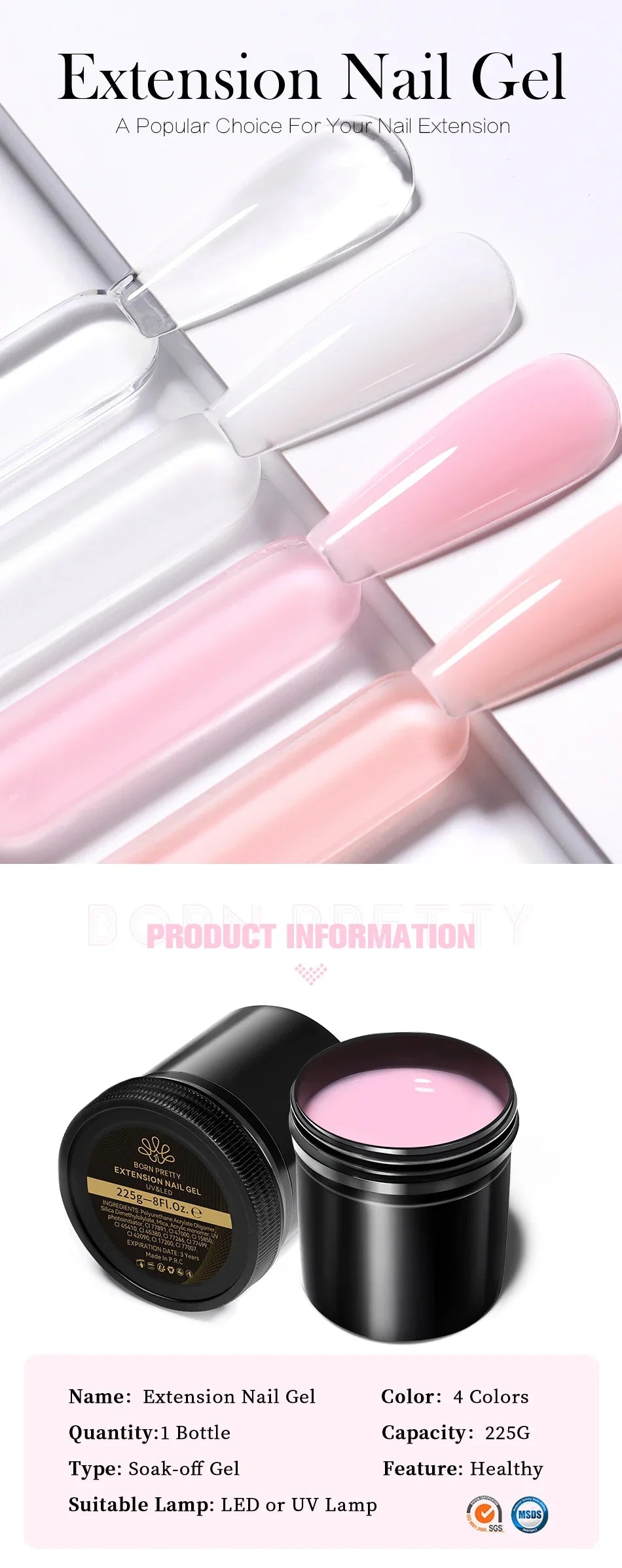 BORN PRETTY 225g Nail Extension Gel Jelly White Pink Clear Gel Nail Polish Quick Extending UV Nail Hard Gels Soak Off Gel Varnis