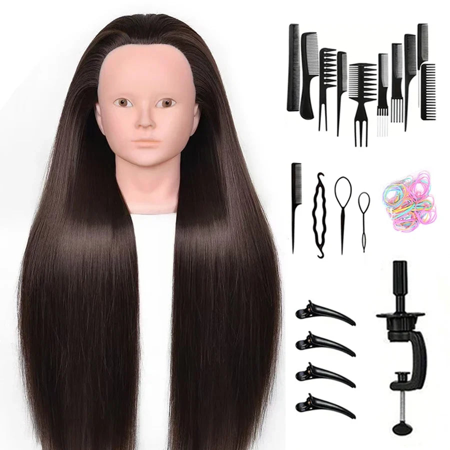 24Inch Mannequin Head with Fiber Hair Model Practice Hairdressing Doll Head Styling Hairdressing Training Braided