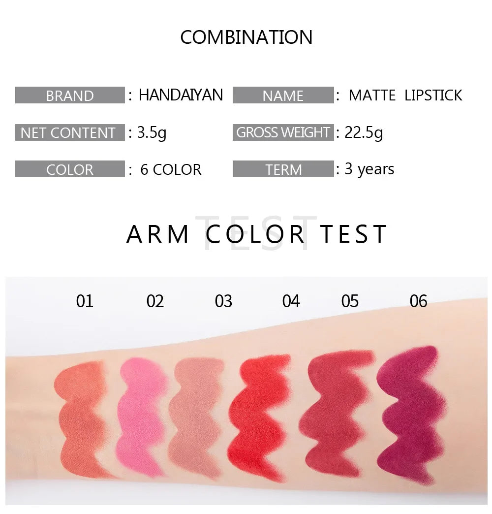 Handaiyan 6 Colors Matte Waterproof Velvet Nude Lipstick Sexy Red Brown Pigments Makeup Long Lasting Lipstick Woman