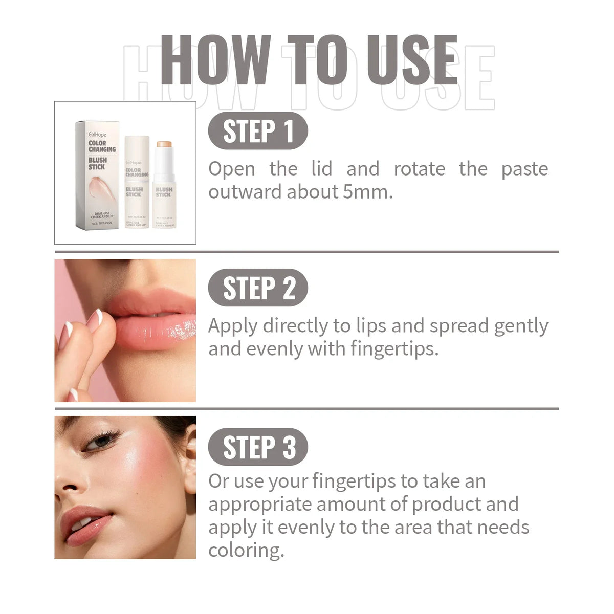 Color Changing Blush Stick pH Reacting Milk Jelly Tint Lip and Cheek Stain Transparent Moisturizing Dewy Finish Makeup Stick