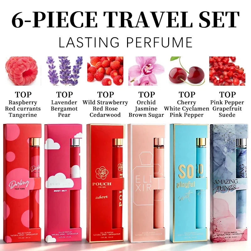 6-piece travel set, men's and women's eau de toilette spray, long-lasting fragrance, 6 different flavors, perfect for holiday gi