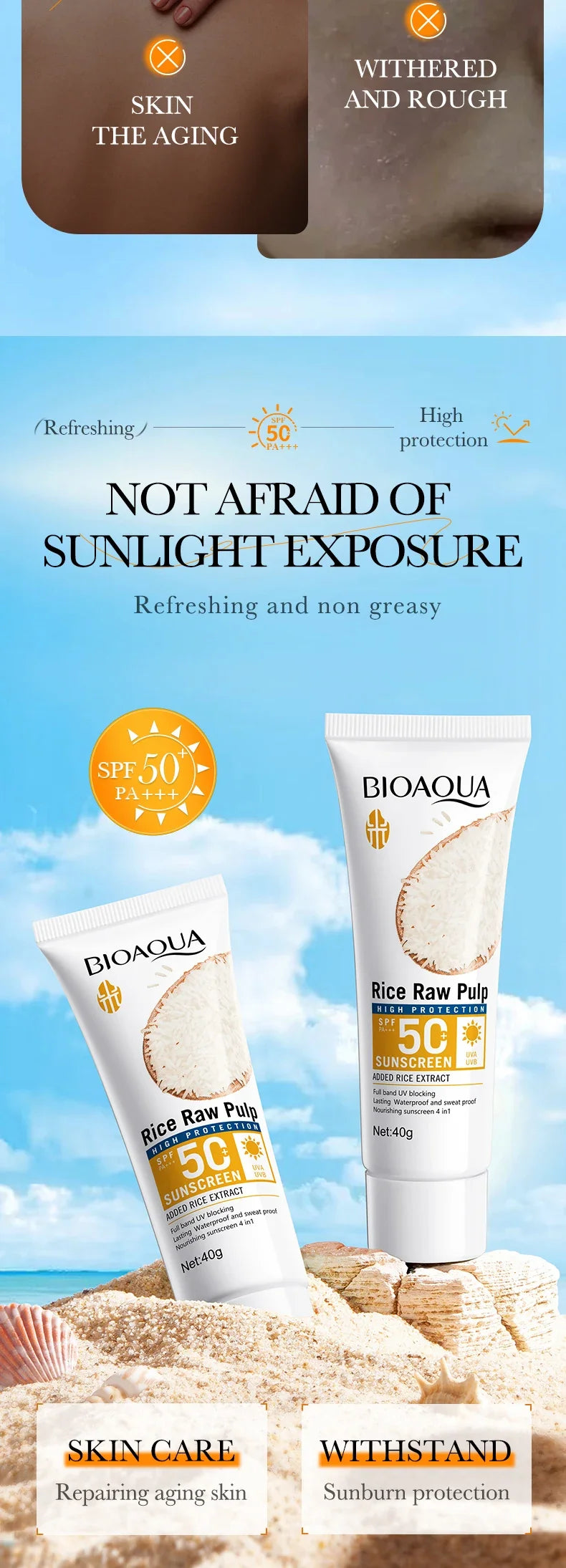 BIOAOUA Rice Puree Sunscreen SPF50+-PA+++ Isolating UV Protection, Waterproof, Suitable for Face, Neck, Body Sunscreen Lotion