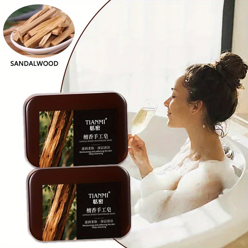 2PCS Sandalwood Handmade Soap, Rich in Sandalwood Extract and Glycerin, Deeply Cleanses, Removes Makeup, Father's Day
