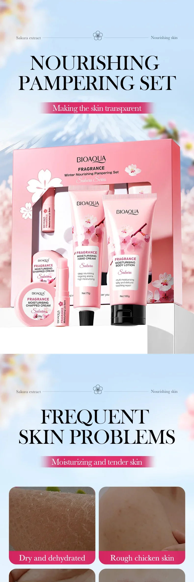 4pcs/set BIOAQUA Sakura Skin Care Sets Moisturizing Cream for Body Hand Cream Lip Balm Body Lotion Anti-Aging Skin Care Kit