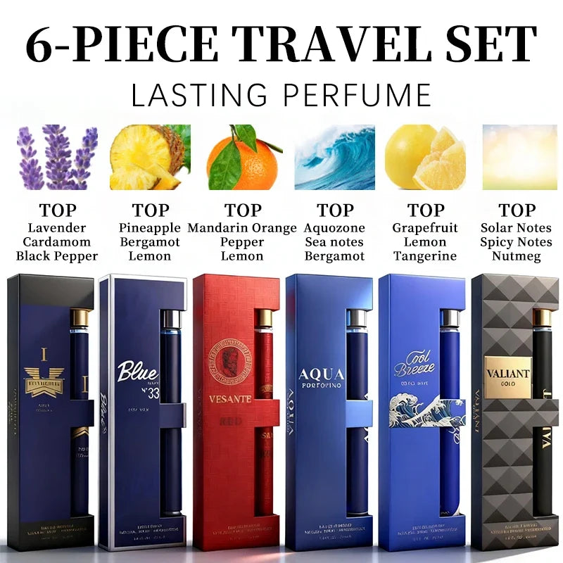 6-piece travel set, men's and women's eau de toilette spray, long-lasting fragrance, 6 different flavors, perfect for holiday gi