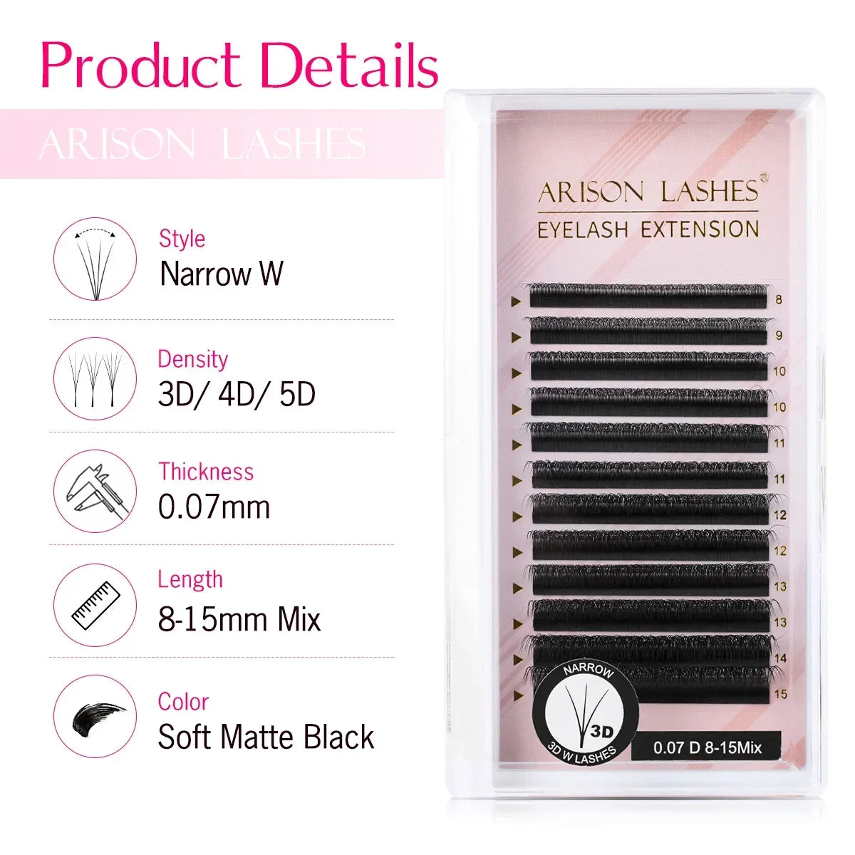 ARISON Narrow 3D/4D/5D W Eyelashes Extension Premade Fans V Shaped Soft Matte Black Easy Pick Up False Lashes