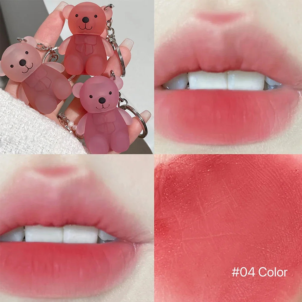 Cute Bear Velvet Lip Mud Keychain Matte Nude Red Lip Gloss Autumn Winter Non-stick Cup Lipstick Waterproof Lasting Lips Makeup