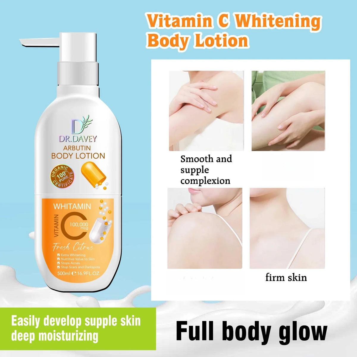 DR.DAVEY Arbutin Body Lotion 500ml Large-capacity Body Lotion with Lasting Fragrance, Refreshing and Moisturizing, Non Greasy