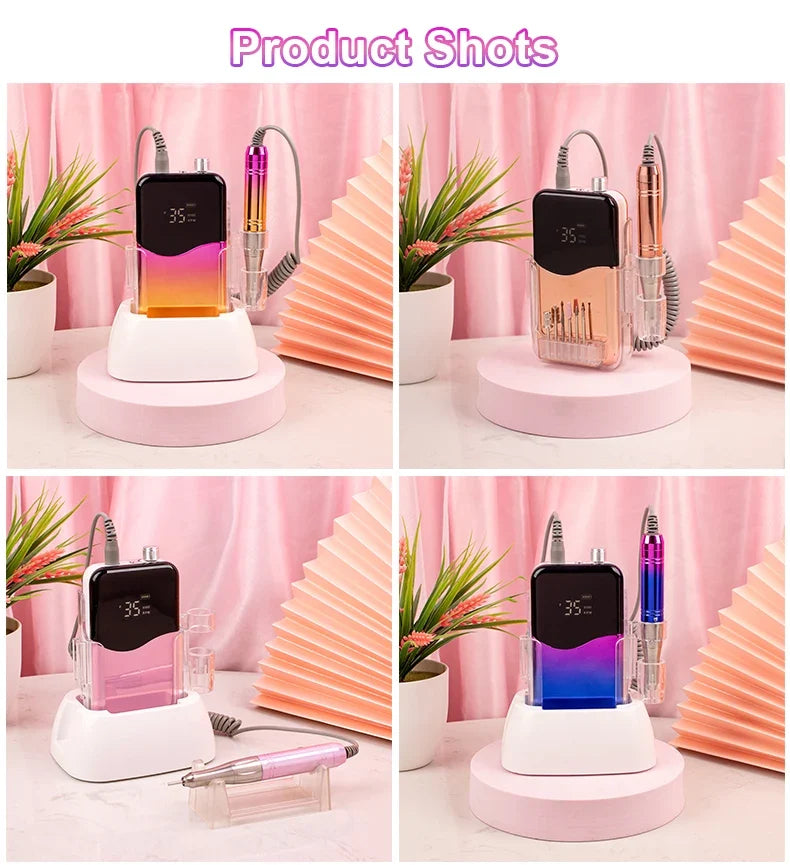 Coreless Motor Handle 35000RPM Portable Professional Nail Drill with Desktop Base 35K Cordless Battery Wireless Powerful Wave