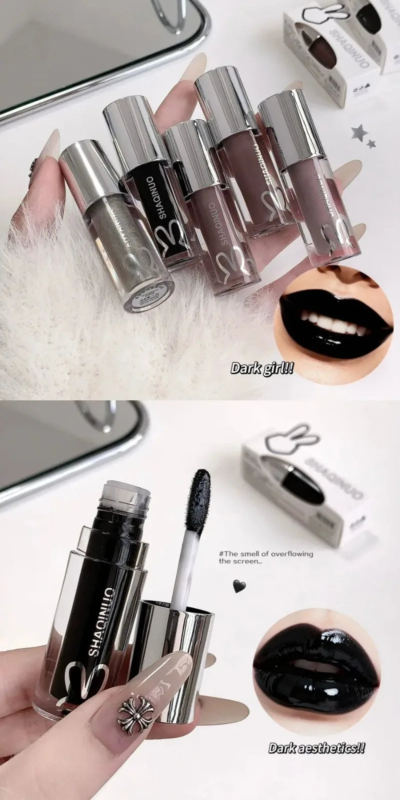 Black Gothic Lip Gloss Mirror Moist Matte Gothic Pure Black Silver Fine Flash Lip Glazed Low Saturation Lasting Lip Tint Makeup