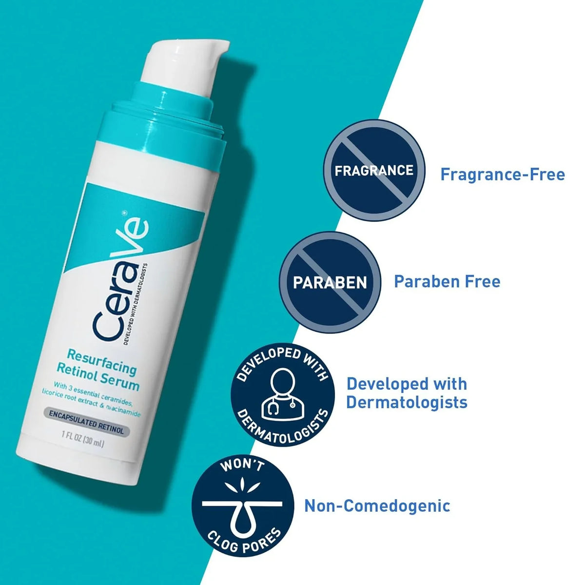CeraVe Retinol Serum Niacinamide Licorice Root, Skin Smoothing Tone Care, Barrier Repair, Non-Comedogenic For Blemish Prone Skin