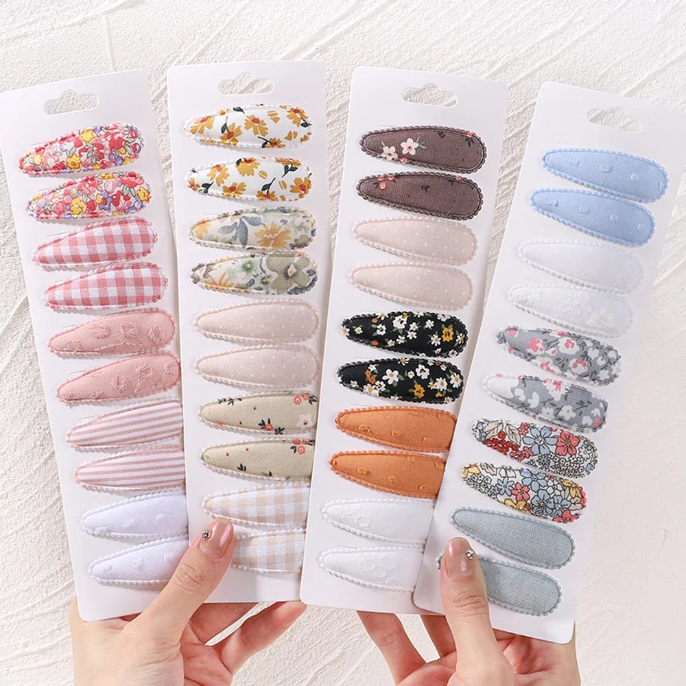 10Pcs/Lot Fresh Print Cotton Alloy Hair Clips for Kids Fabric Plaid BB Hairpins Girl Hairgripe Headwear Baby Hair Accessories