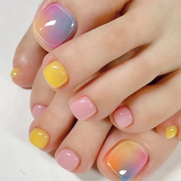 24pcs Colorful Painted Watermelon Fake Toenails Little Fresh Summer Beach Wearable False Toenail Shiny Diamond Press On Toenails