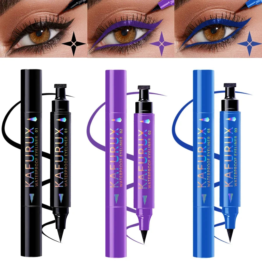3 Colors Double Head Star Seal Eyeliner Waterproof Stamp Pen Black Blue Purple Eye Liner Pencil Fast Drying Lazy Eye Makeup