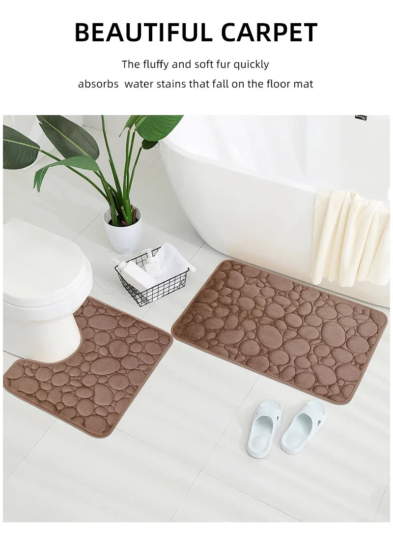 Embroidered Pebble Coral Velvet Floor Mat, Bathroom Carpet, U-shaped Sponge Absorbent Foot Mat, Door Mat, Two-piece Set