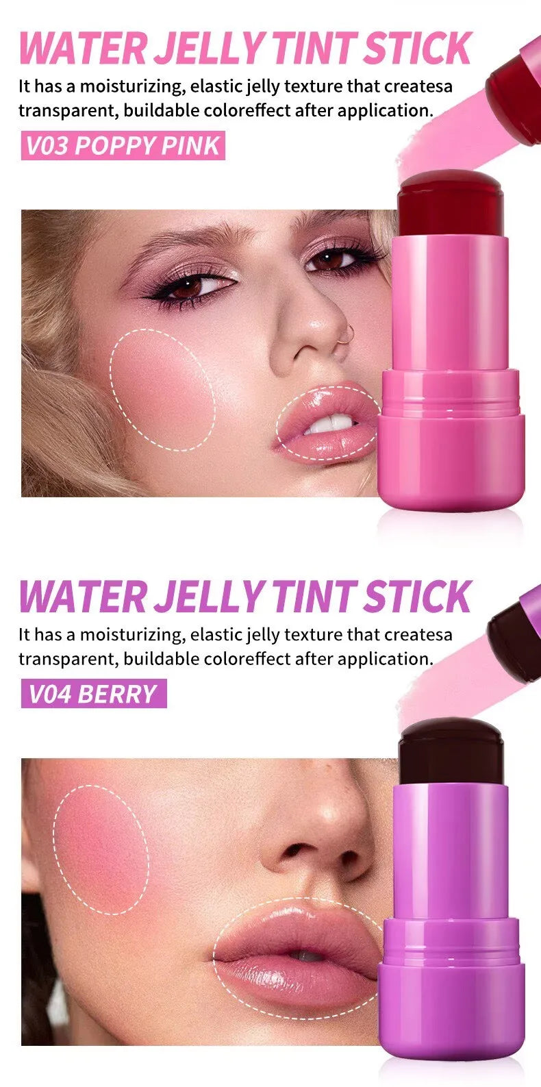 4 Colors Jelly Blush Stick Lip Balm Eyeshadow 3-in-1 Multi-Use Matte Blush Moisturize Brighten Lip Gloss