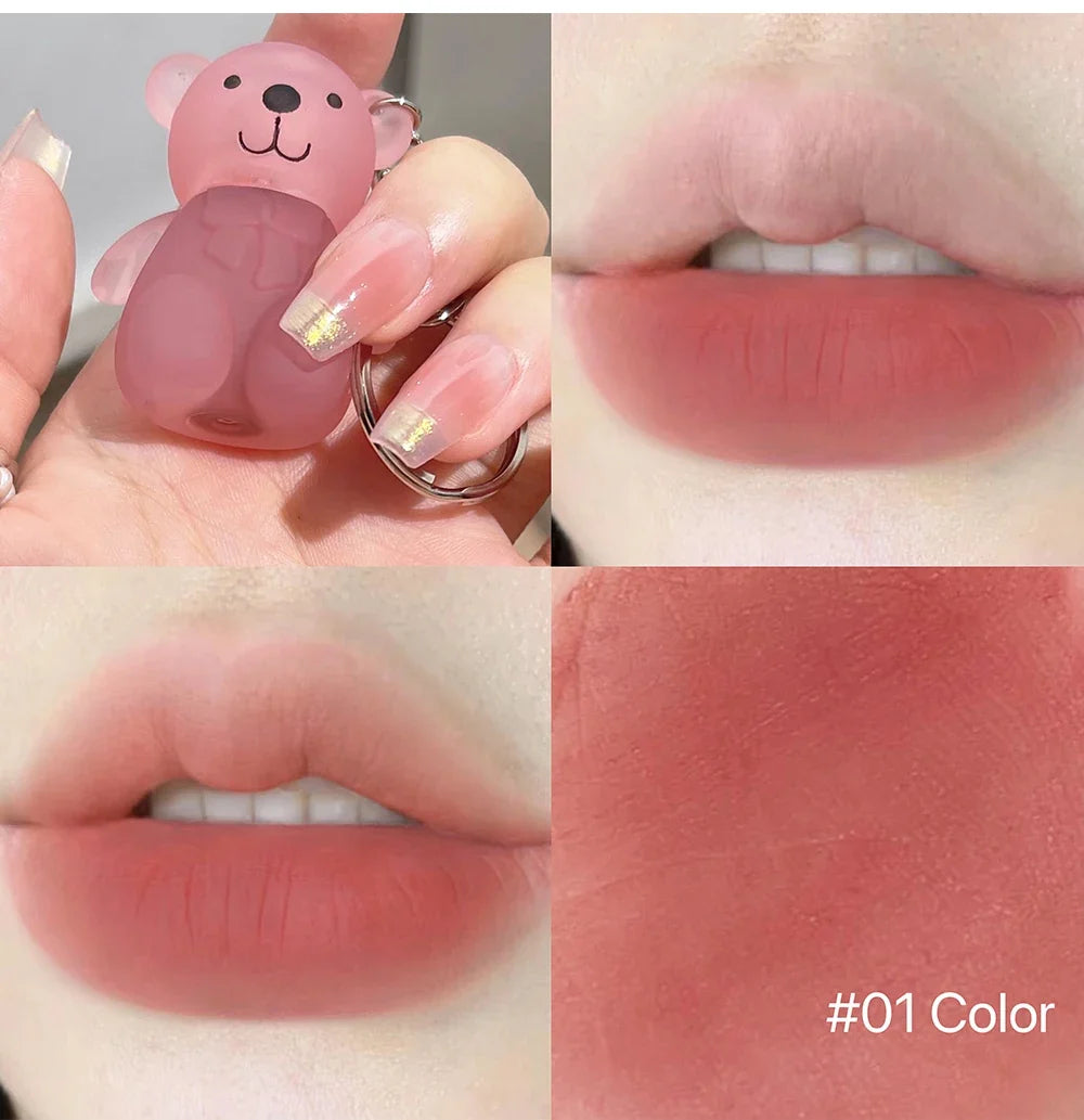 Cute Bear Velvet Lip Mud Keychain Matte Nude Red Lip Gloss Autumn Winter Non-stick Cup Lipstick Waterproof Lasting Lips Makeup