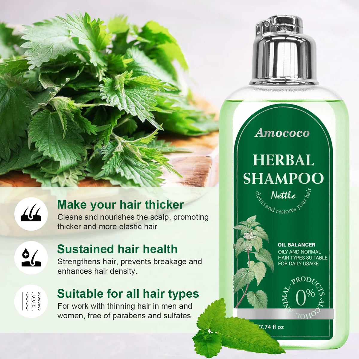 Amococo 3pcs Nettle Shampoo 220ml Each Oil Balancing Daily Hair Cleanser for Oily Normal Hair Purifying Scalp Care Gentle Formula