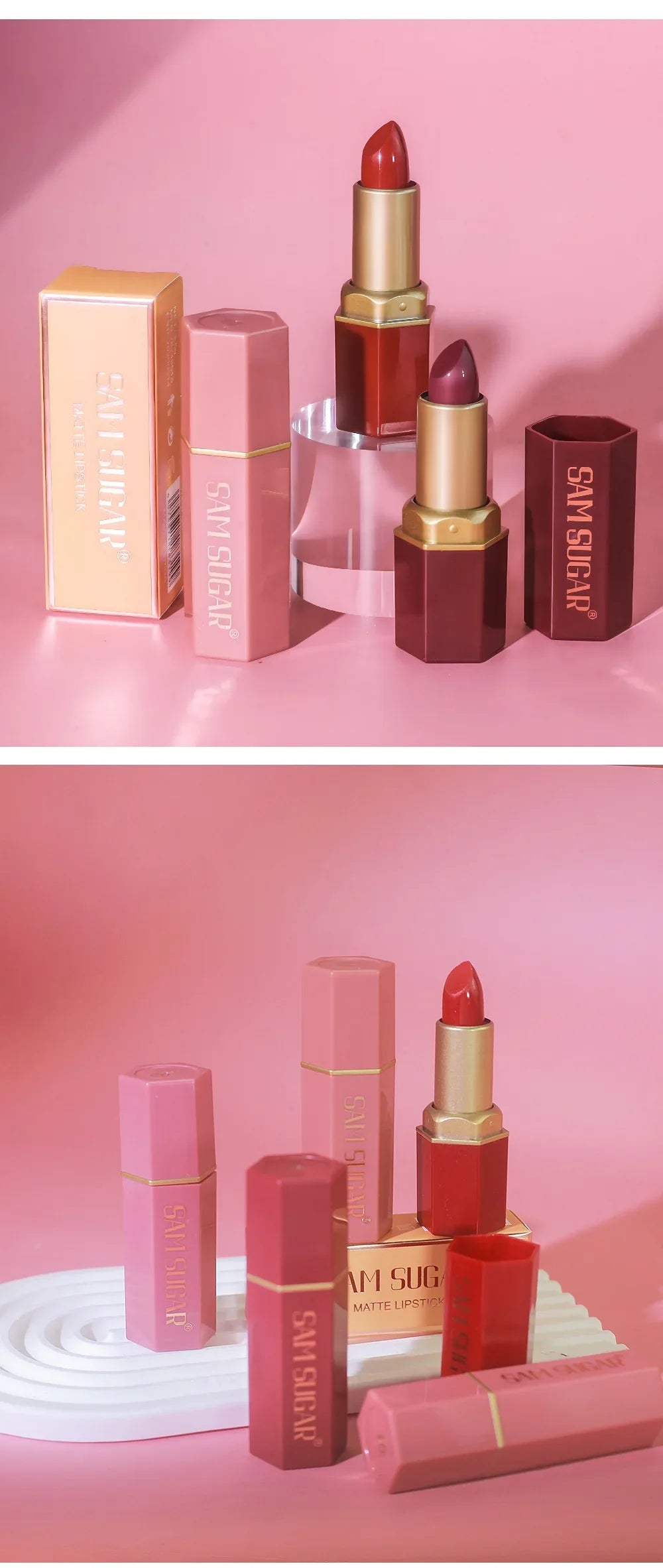 6 Colors Gold Bar Lipstick Diamond Pearlescent Glitter High Shine Non Sticky Long Lasting Pink Lips Makeup