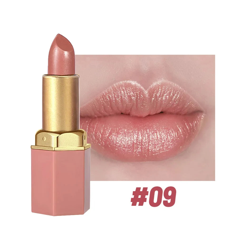 6 Colors Gold Bar Lipstick Diamond Pearlescent Glitter High Shine Non Sticky Long Lasting Pink Lips Makeup