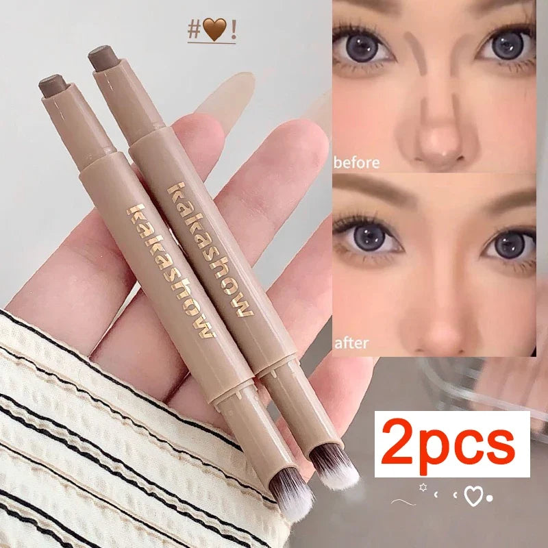 3D Contouring Pen Matte Bronzer Stick Grey Brown Nose Shadow Contour Pen With Brush Double Head Facial Contour Stick Makeup