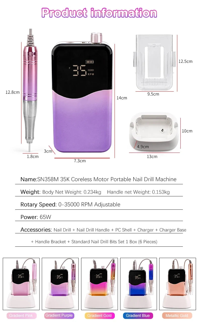 Coreless Motor Handle 35000RPM Portable Professional Nail Drill with Desktop Base 35K Cordless Battery Wireless Powerful Wave