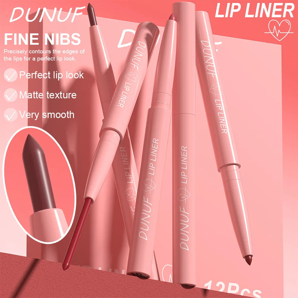 DUNUF 12 Color Matte Lip Liner Pencil Set Waterproof Smudge Proof Long Lasting Vegan Cruelty Free Lipstick Makeup Kit