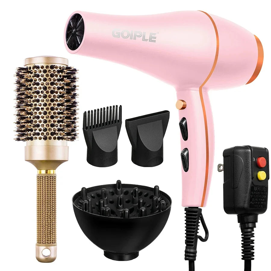 GOIPLE Blow Dryer Set with Multi-Accessories, Pink Hair Dryer with Round Brush and Attachments for All-Round Styling