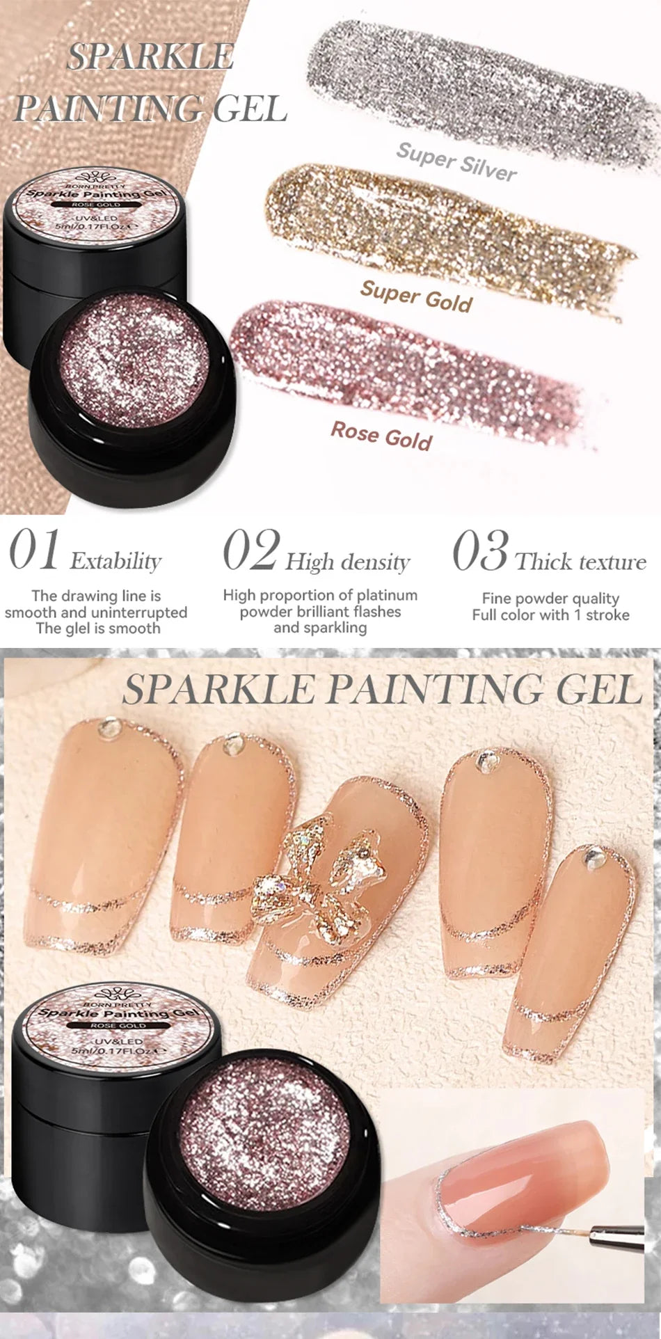 BORN PRETTY 5ml Super Sparkling Painting Gel Nail Polish Platinum Silver Gold Rose Glitter Graffiti Stripe Pull Line Nail UV Gel