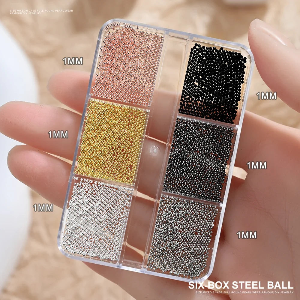 6 Grids Silver Steel Micro Beads Nail Art Decoration, Mixed Sizes-0.6mm 0.8mm 1.0mm, Nail Rhinestones Caviar Beads Nail Supplies