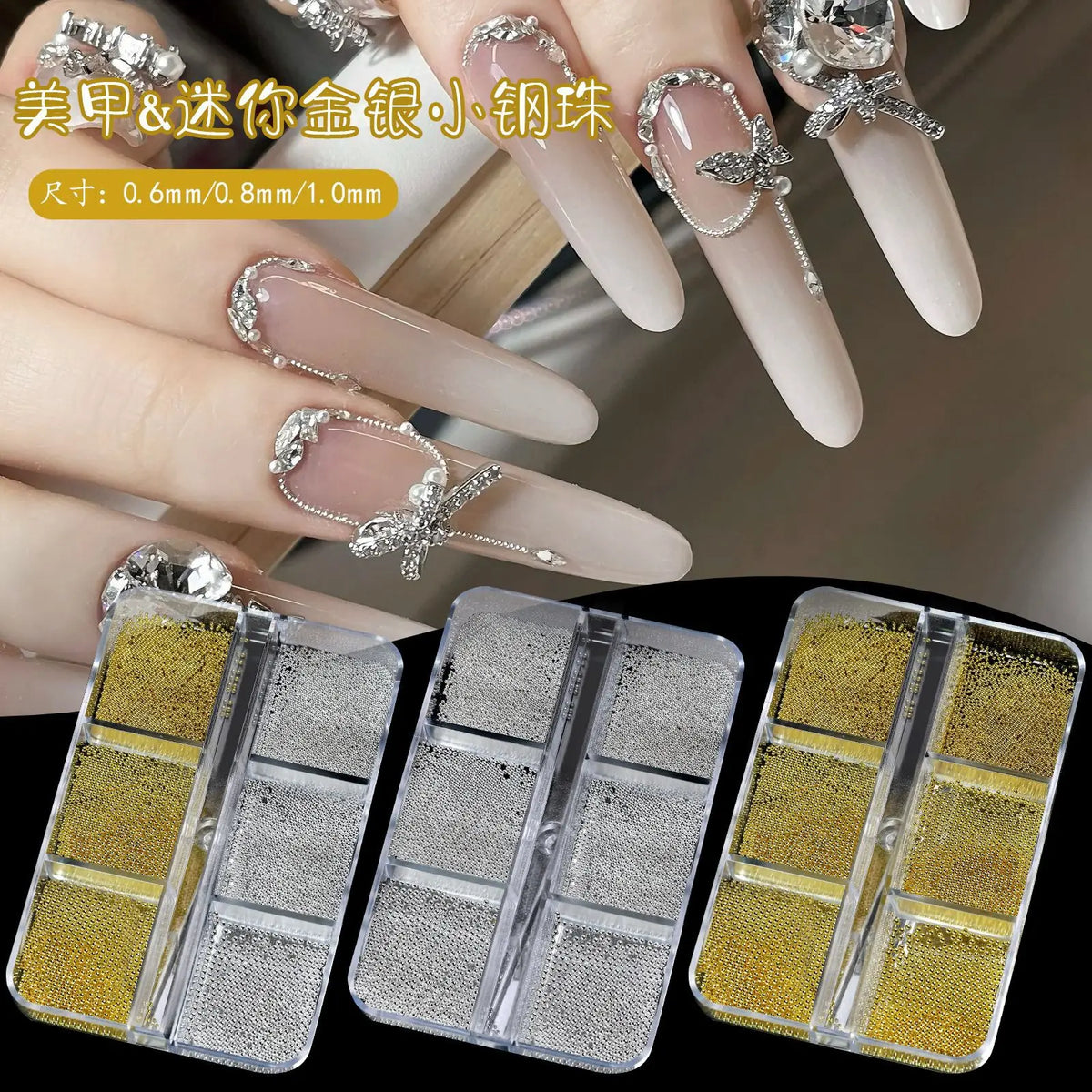6 Grids Silver Steel Micro Beads Nail Art Decoration, Mixed Sizes-0.6mm 0.8mm 1.0mm, Nail Rhinestones Caviar Beads Nail Supplies