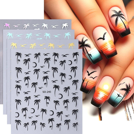 4pcs Black Coconut Tree Beach Nail Sticker Summer Palms Leaves Nail Decals Adhesive Sliders Nail Supplies Decorations Manicure