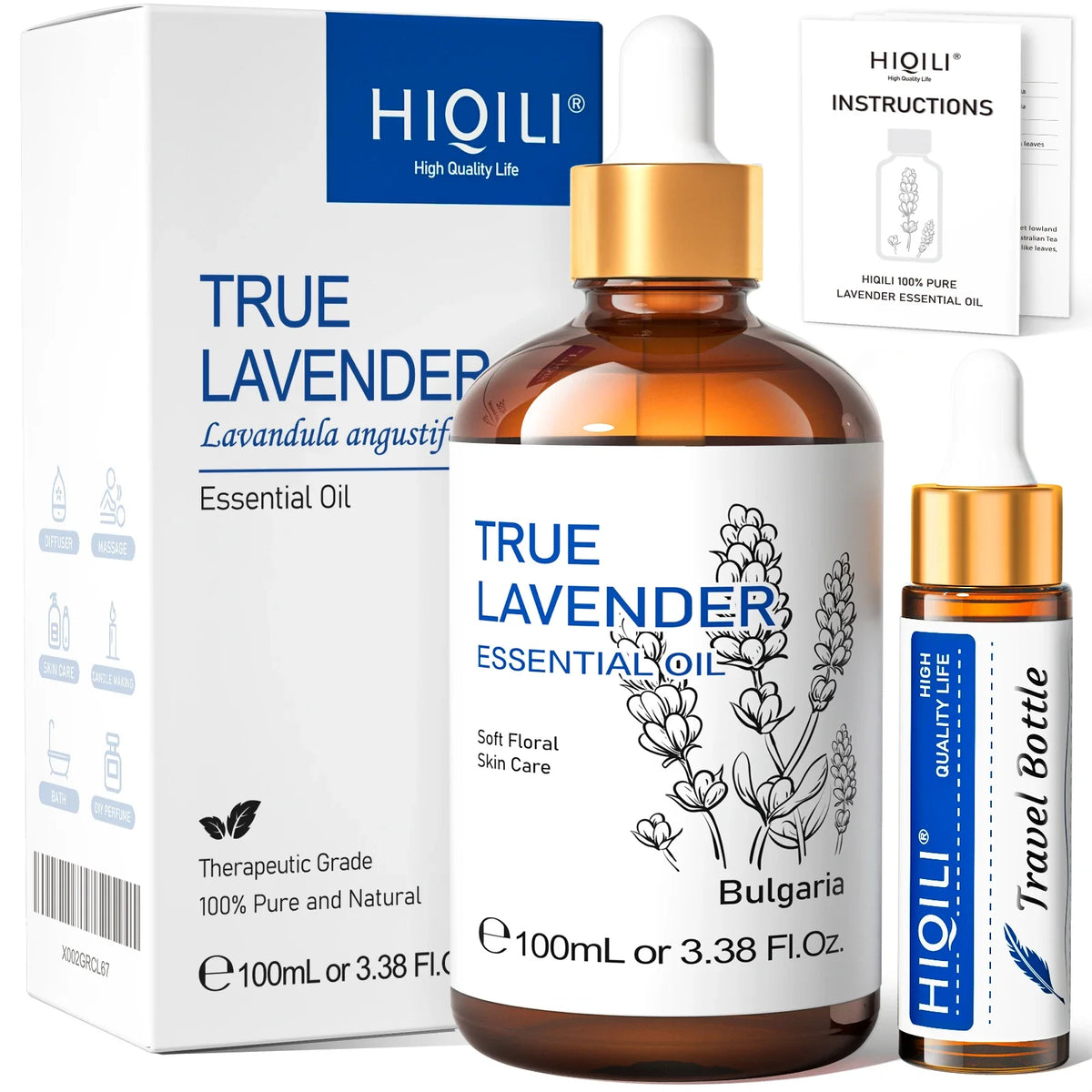 HIQILI 100% Pure Lavender Essential Oil 100ML Aromatherapy Diffuser Oil for Sleep Relaxation Diffuser Massage Skin Care