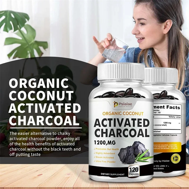 Activated Charcoal Capsules 1,200 Mg - Organic Coconut Shell, Helps Relieve Gas & Bloating, Detox & Bowel, Digestive Supplement