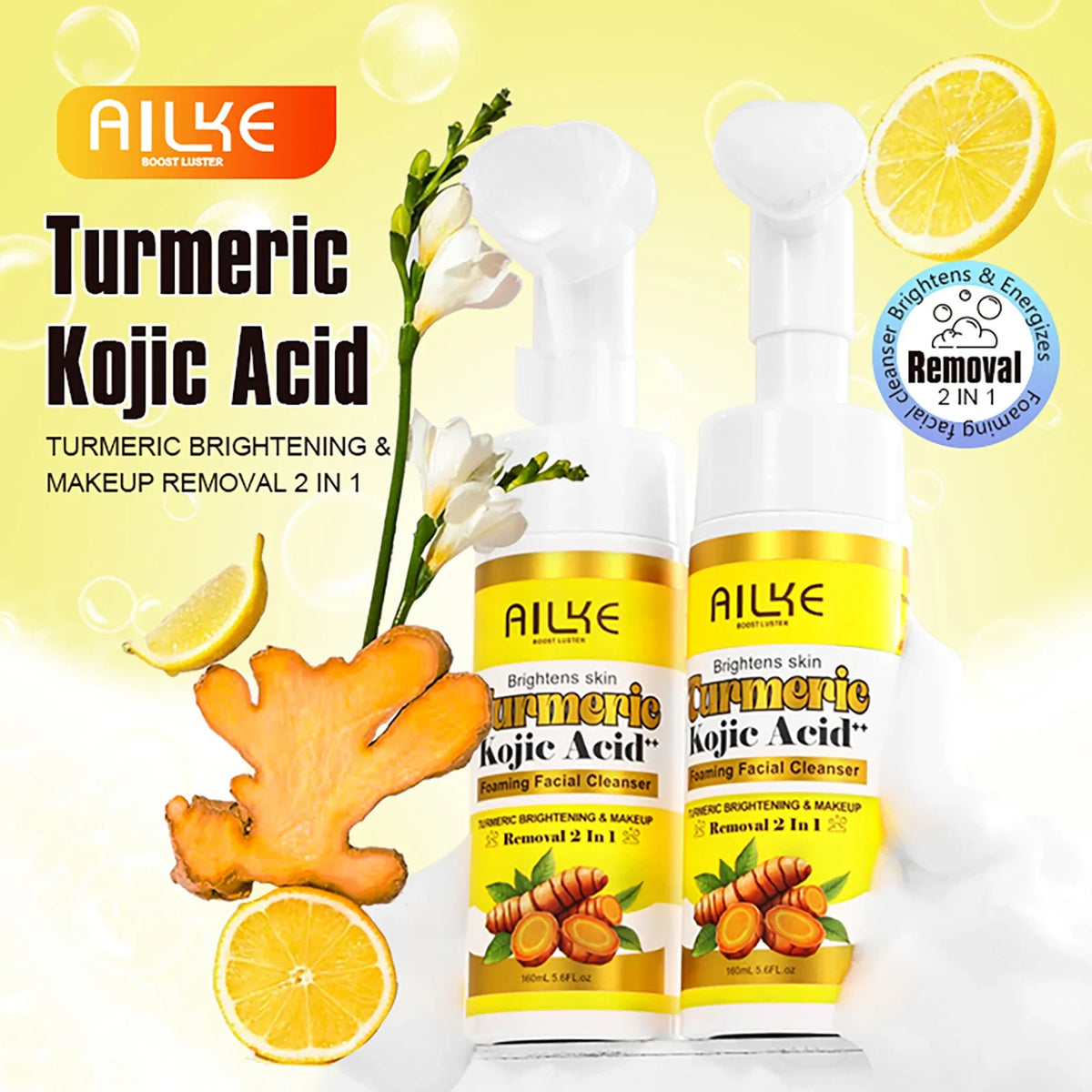 AILKE Brightening Foaming Facial Cleanser, With Natural Turmeric, Kojic Acid, Remove Makeup Residue and Acne, Clean Skin,160 ml