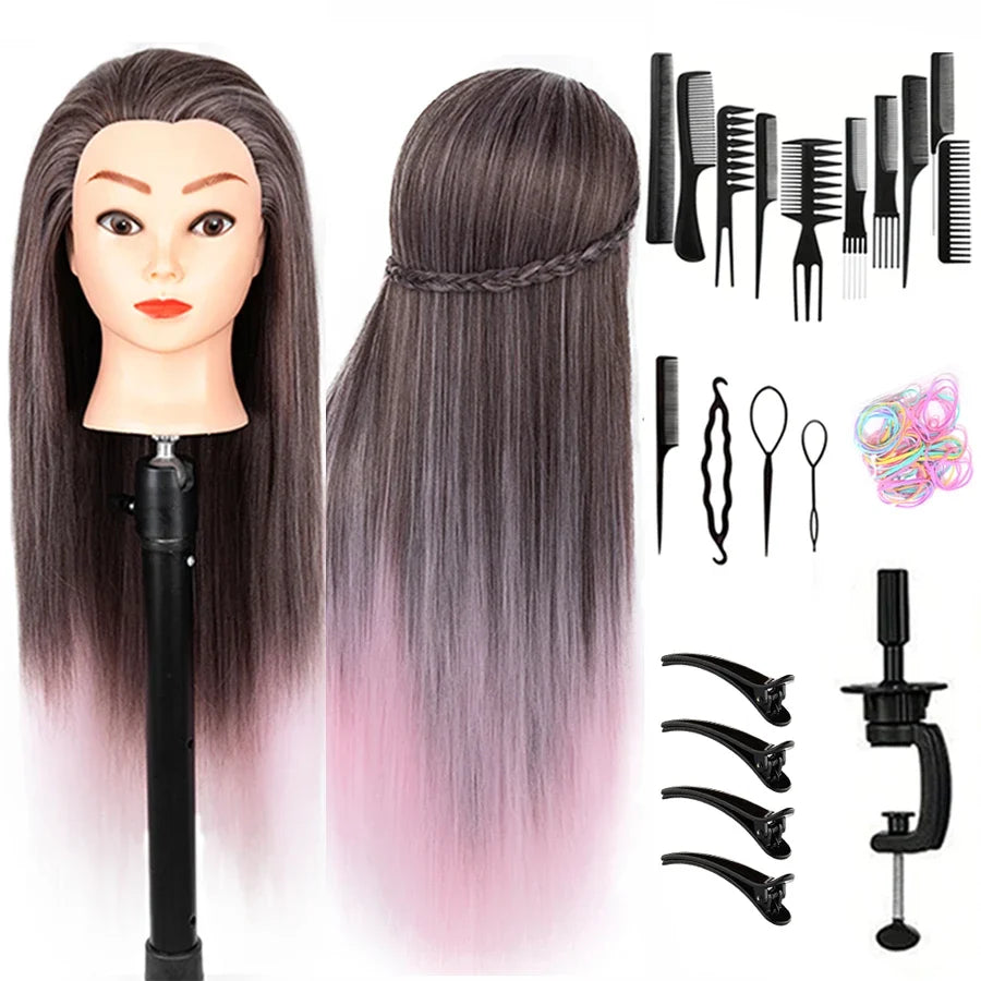 24Inch Mannequin Head with Fiber Hair Model Practice Hairdressing Doll Head Styling Hairdressing Training Braided