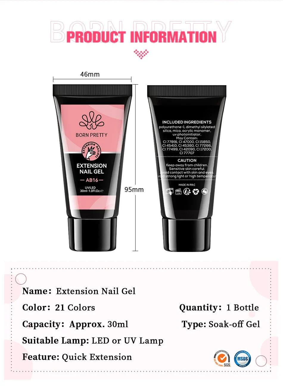 BORN PRETTY 30ml Acrylic Gel For Nail Extension Nude Clear White Color Quick Building Prolong Manicure Nail Art Hard Gel Varnish