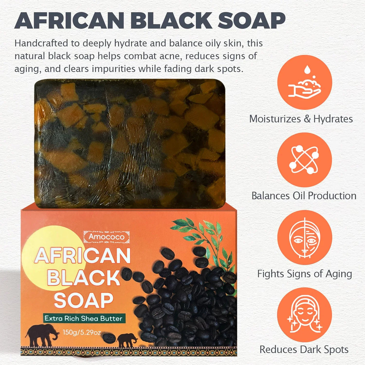 Amococo 3/6pcs African Black Soap Bar 150g Shea Butter Body Soap Moisturizing Cleansing Bath Soap with Coconut Oil Caffeine Neem Extract Natural Skin Care Soap for Men Women Dry Skin