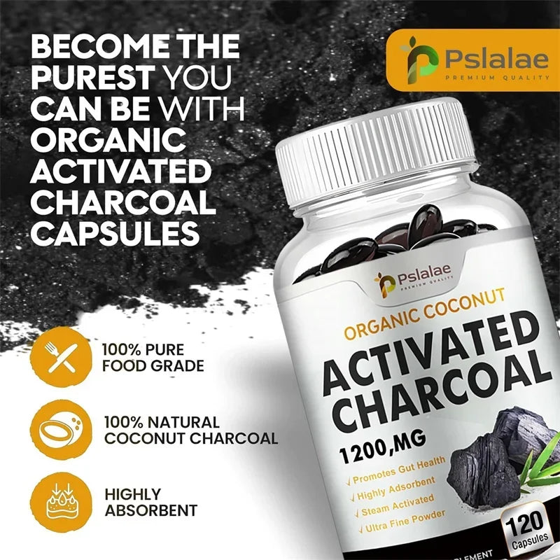 Activated Charcoal Capsules 1,200 Mg - Organic Coconut Shell, Helps Relieve Gas & Bloating, Detox & Bowel, Digestive Supplement