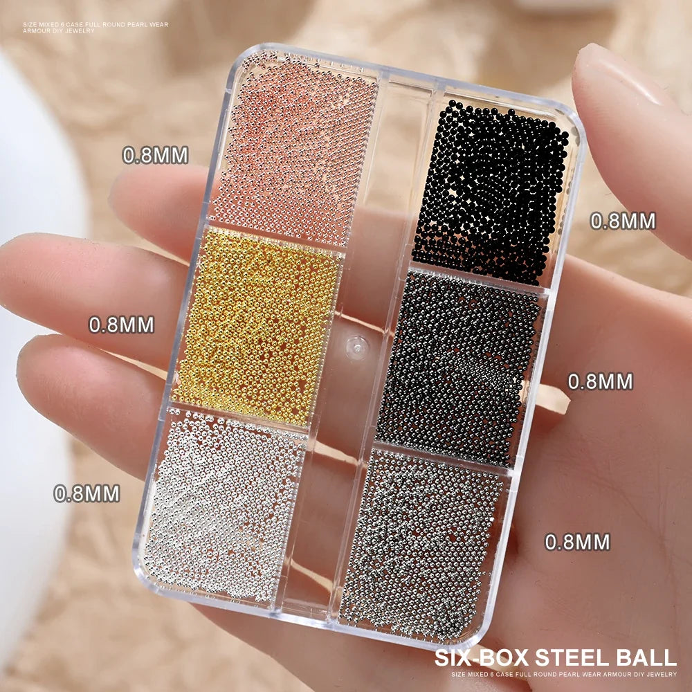 6 Grids Silver Steel Micro Beads Nail Art Decoration, Mixed Sizes-0.6mm 0.8mm 1.0mm, Nail Rhinestones Caviar Beads Nail Supplies