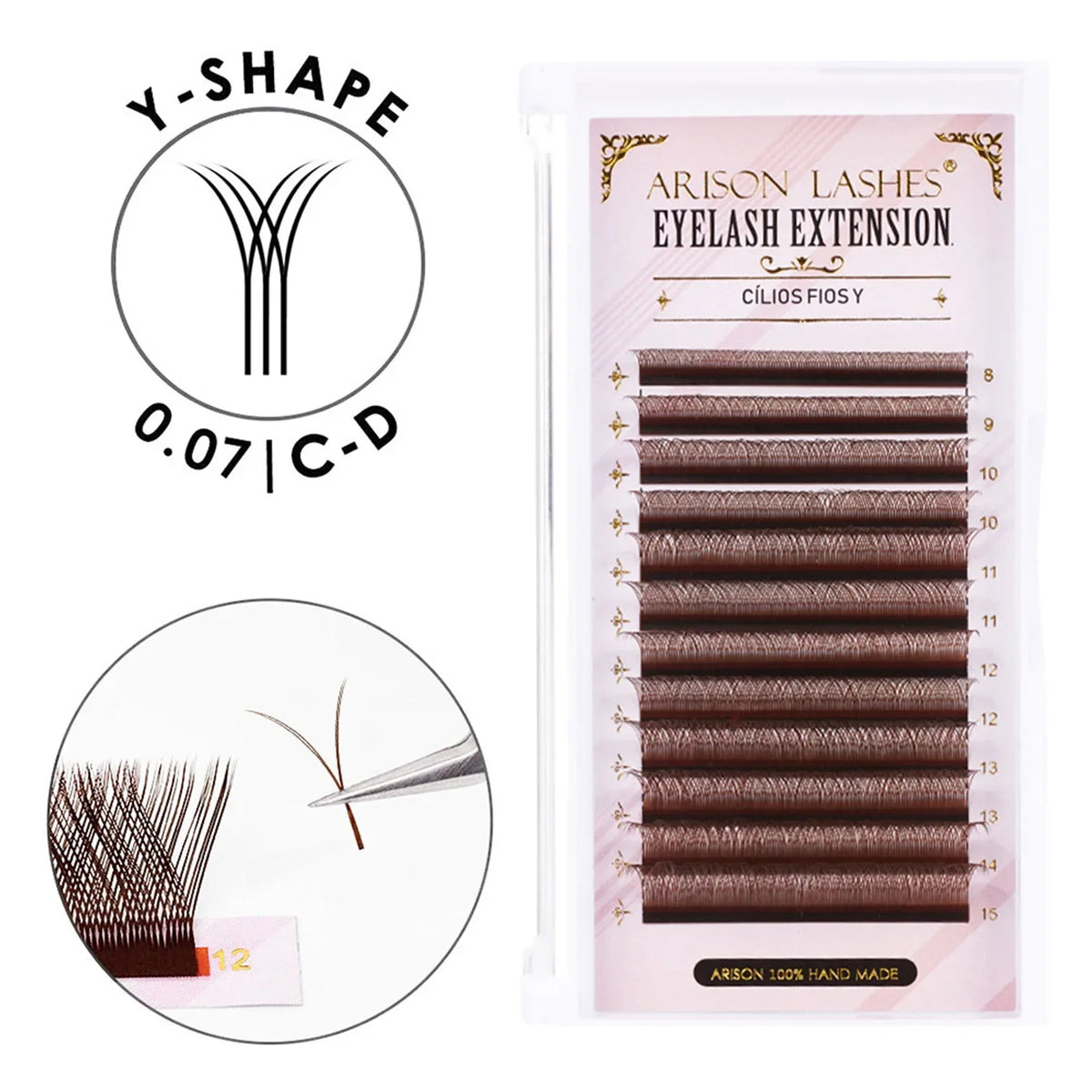 ARISON Brown 2D YY Lashes Double Tips Eyelashes Extension Cilios Y Premade Volume YY Shape EyeLash Grafting Extension Split Tip